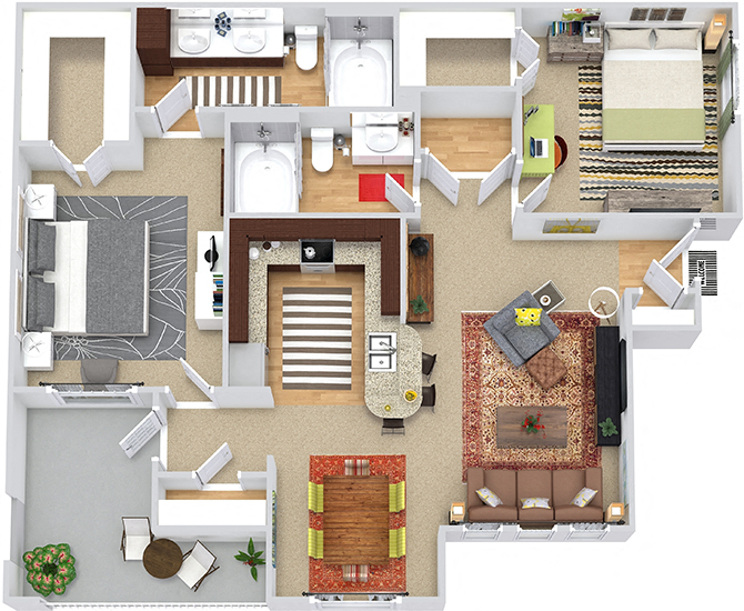 Floor plan for 2 beds, 2 baths, 1096 sqft
